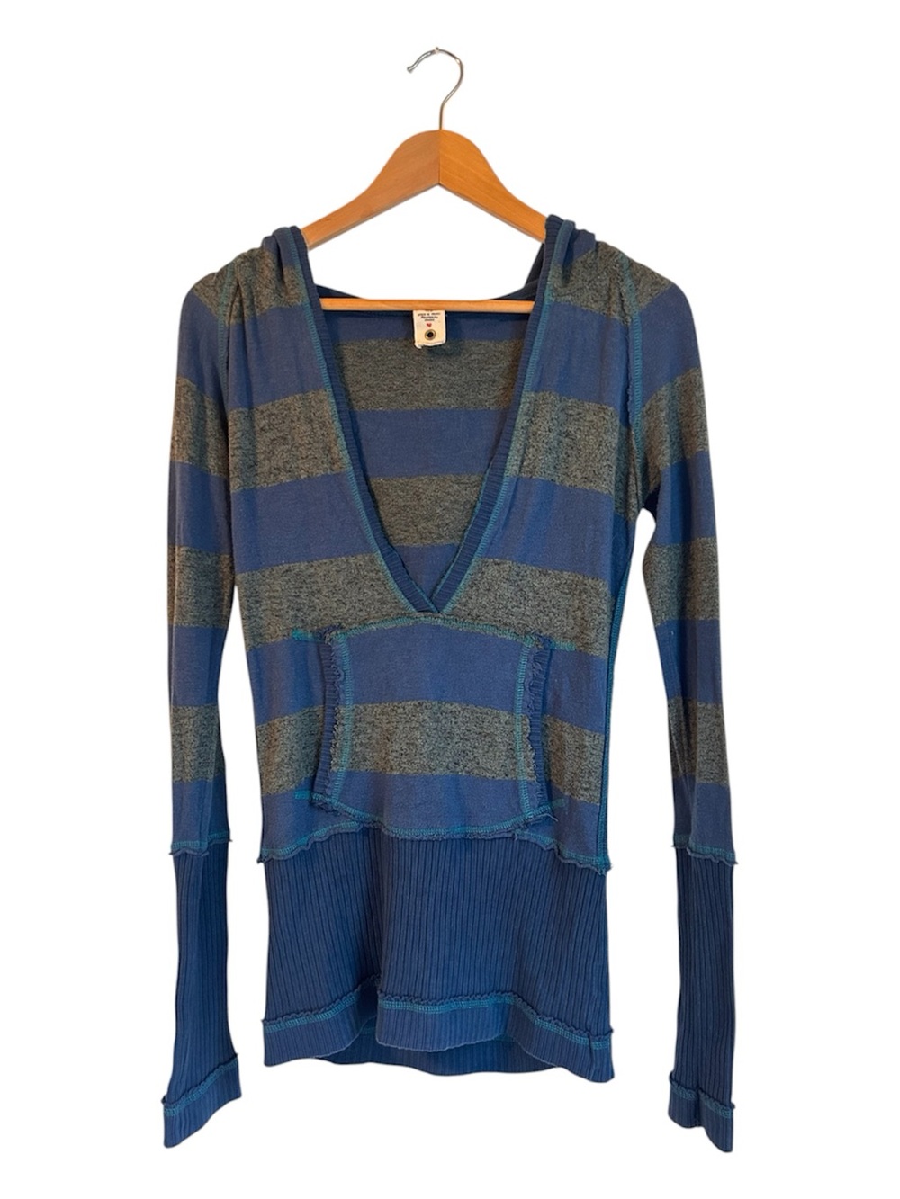 Free People Striped Hoodie Size Large Blue Green Y2K V-Neck Pocket